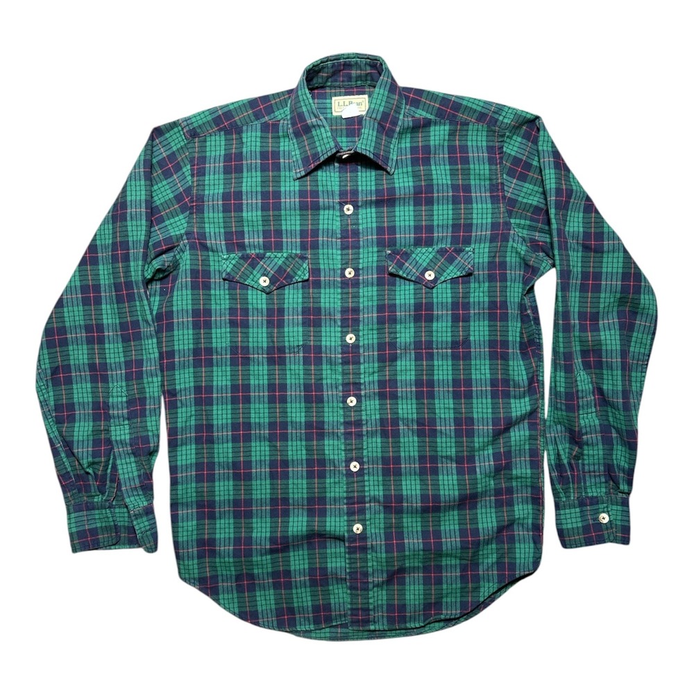 Vintage LL Bean Plaid Flannel Shirt Mens Small Green Navy Blue Made in USA